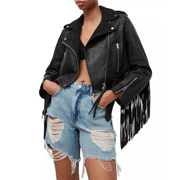 WonderWest NEW Black Leather Moto Fringe Jacket Med Boot Barn Cowgirl Western
